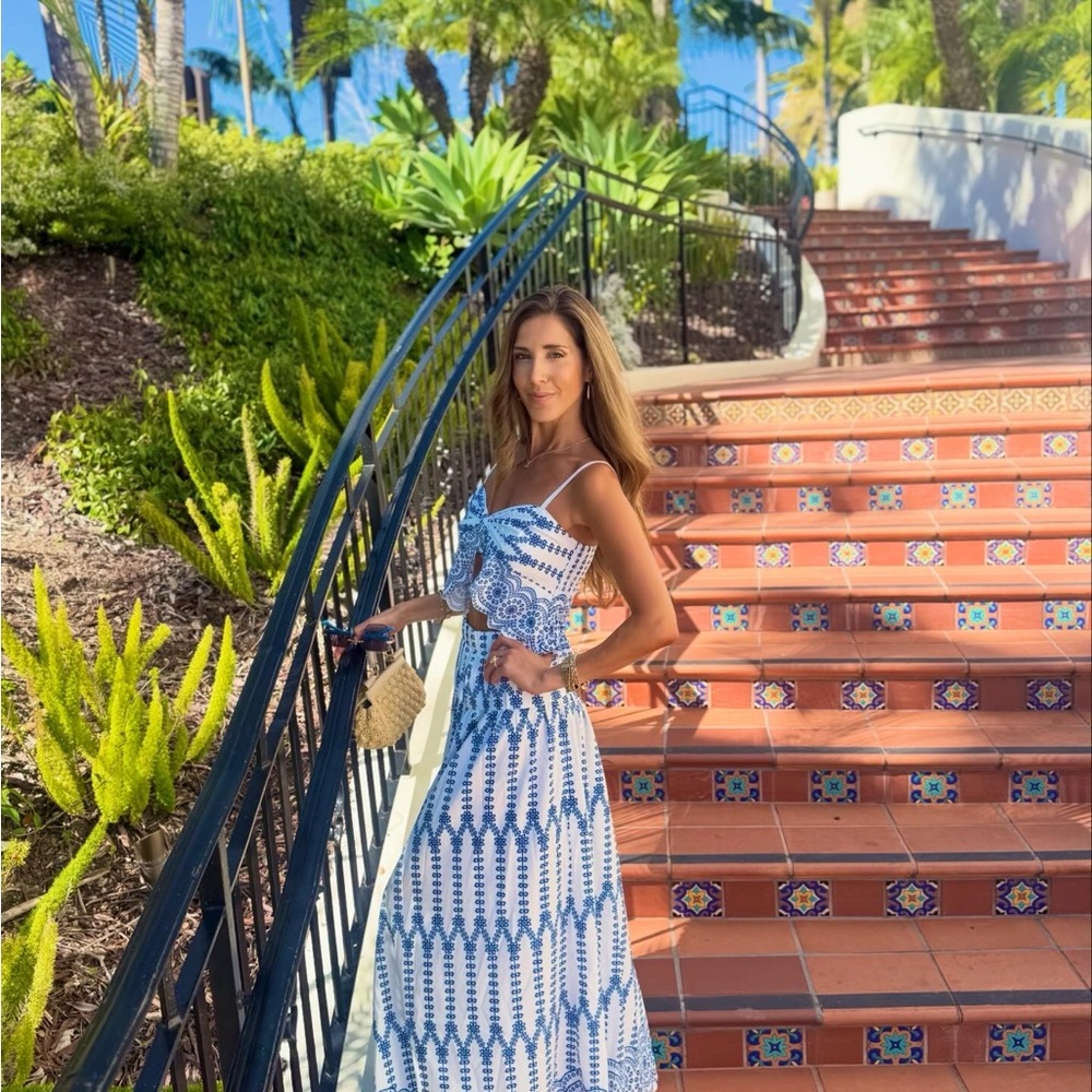 Hello Molly Blue and White Patterned Two-Piece Skirt Set